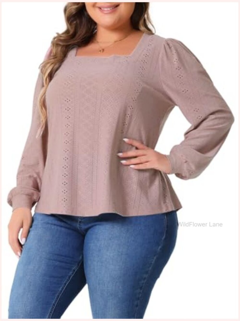 Plus Size Square Neck Hollow Long Sleeve Eyelet Blouse - Picture 2 of 5